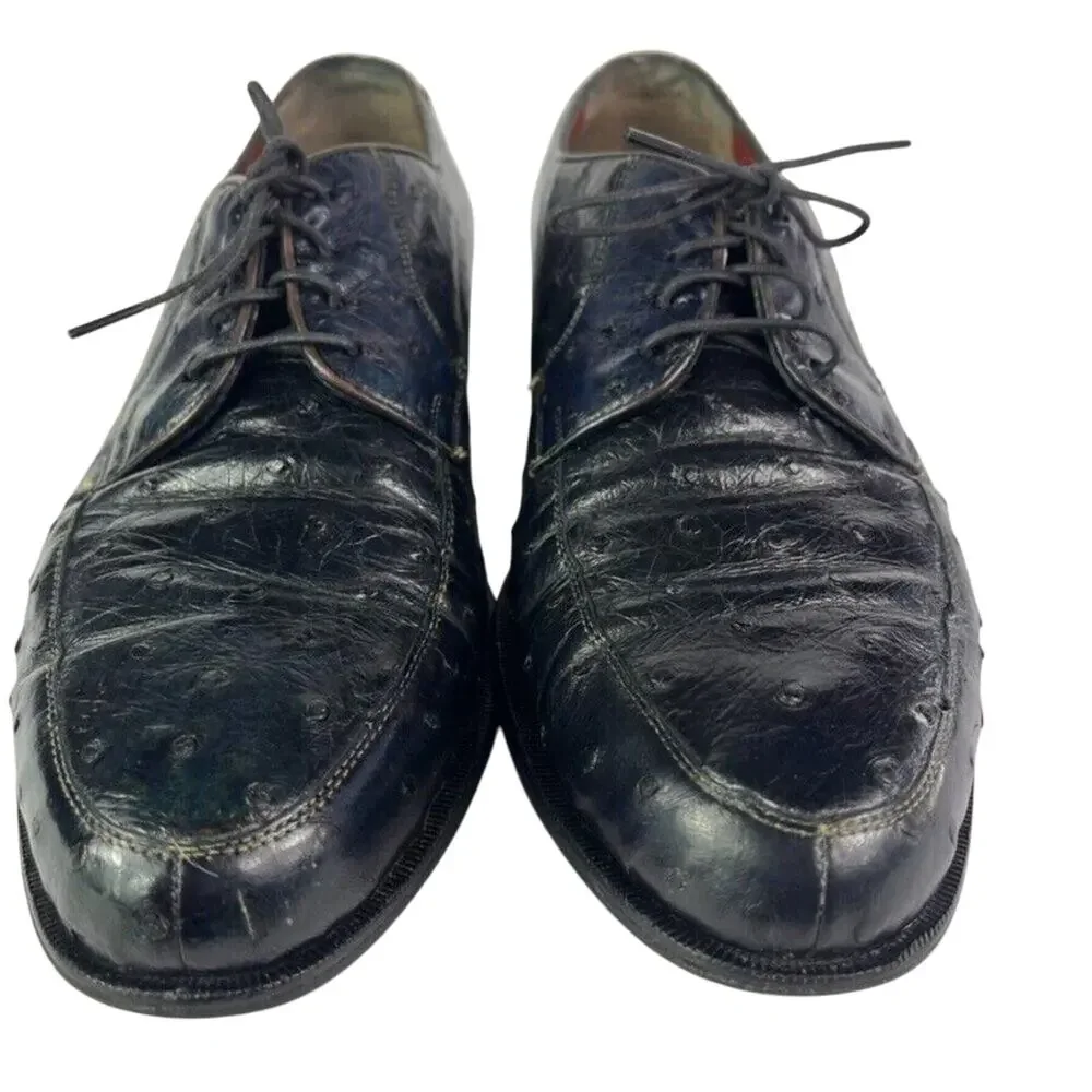 Calcaterra Shoes Mens 9 D Ostrich Dark Blue Leather Oxfords Lace Up Moc Toe